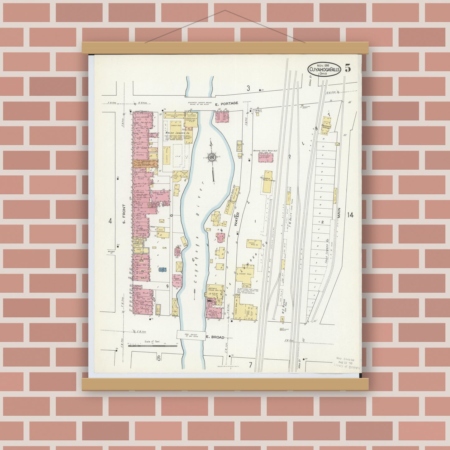 Old map wall art mockup — magnetic wood frame on brick wall — Sanborn Fire Insurance Map from Cuyahoga Falls, Summit County, Ohio (1916), Sheet #0005