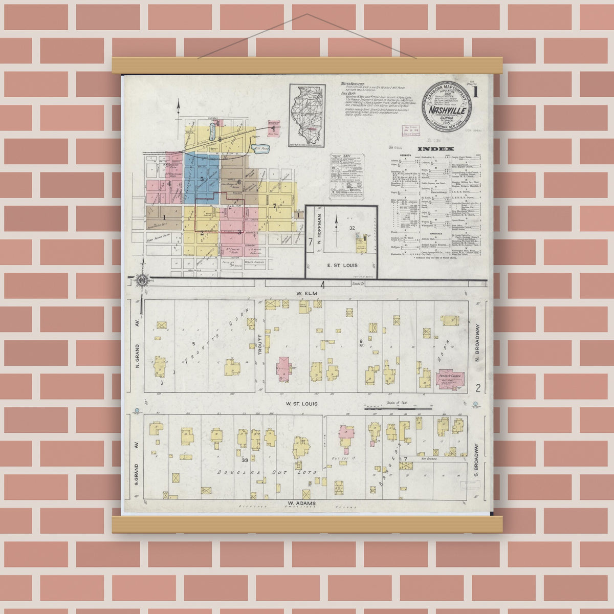 Old map wall art mockup — magnetic wood frame on brick wall — Sanborn Fire Insurance Map from Nashville, Washington County, Illinois (1915) - Complete Map Set