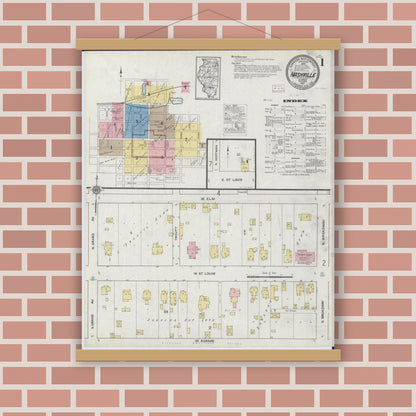 Old map wall art mockup — magnetic wood frame on brick wall — Sanborn Fire Insurance Map from Nashville, Washington County, Illinois (1915) - Complete Map Set