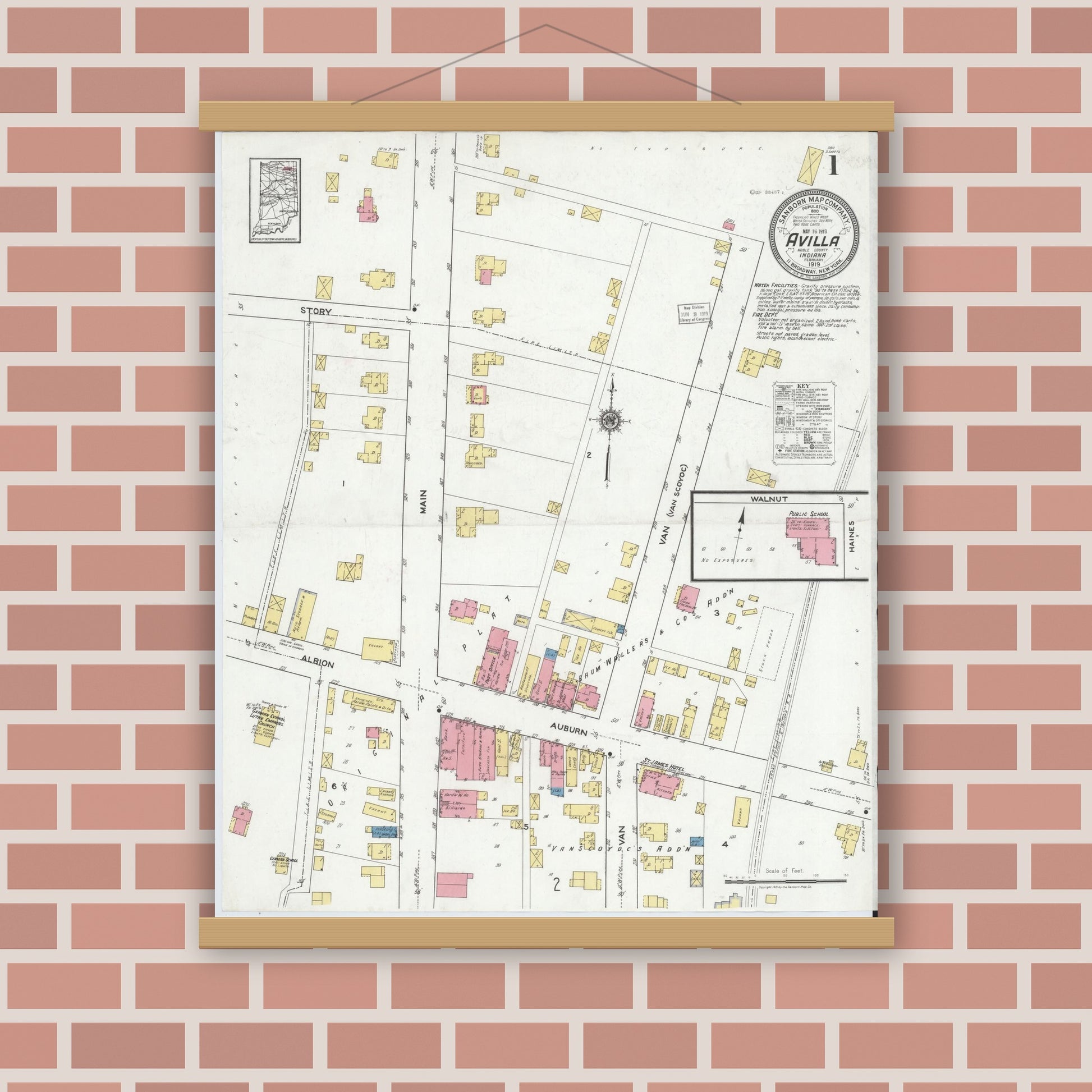 Old map wall art mockup — magnetic wood frame on brick wall — Sanborn Fire Insurance Map from Avilla, Noble County, Indiana (1919), Sheet #0001