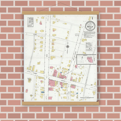 Old map wall art mockup — magnetic wood frame on brick wall — Sanborn Fire Insurance Map from Avilla, Noble County, Indiana (1919), Sheet #0001