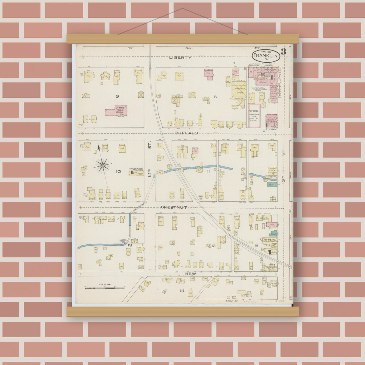 Old map wall art mockup — magnetic wood frame on brick wall — Sanborn Fire Insurance Map from Franklin, Venango County, Pennsylvania (1888), Sheet #0003
