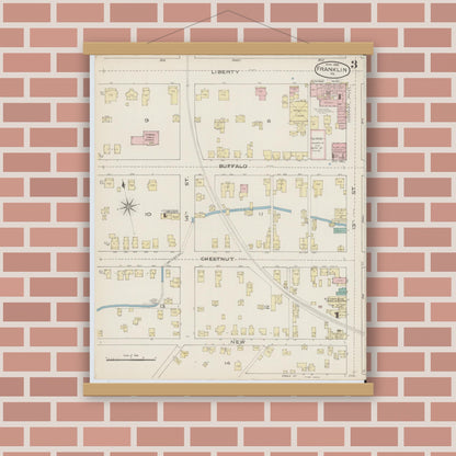 Old map wall art mockup — magnetic wood frame on brick wall — Sanborn Fire Insurance Map from Franklin, Venango County, Pennsylvania (1888), Sheet #0003