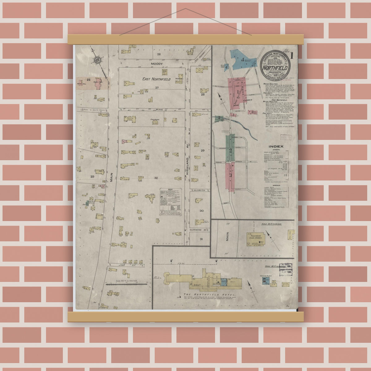 Old map wall art mockup — magnetic wood frame on brick wall — Sanborn Fire Insurance Map from Northfield, Franklin County, Massachusetts (1909), Sheet #0001