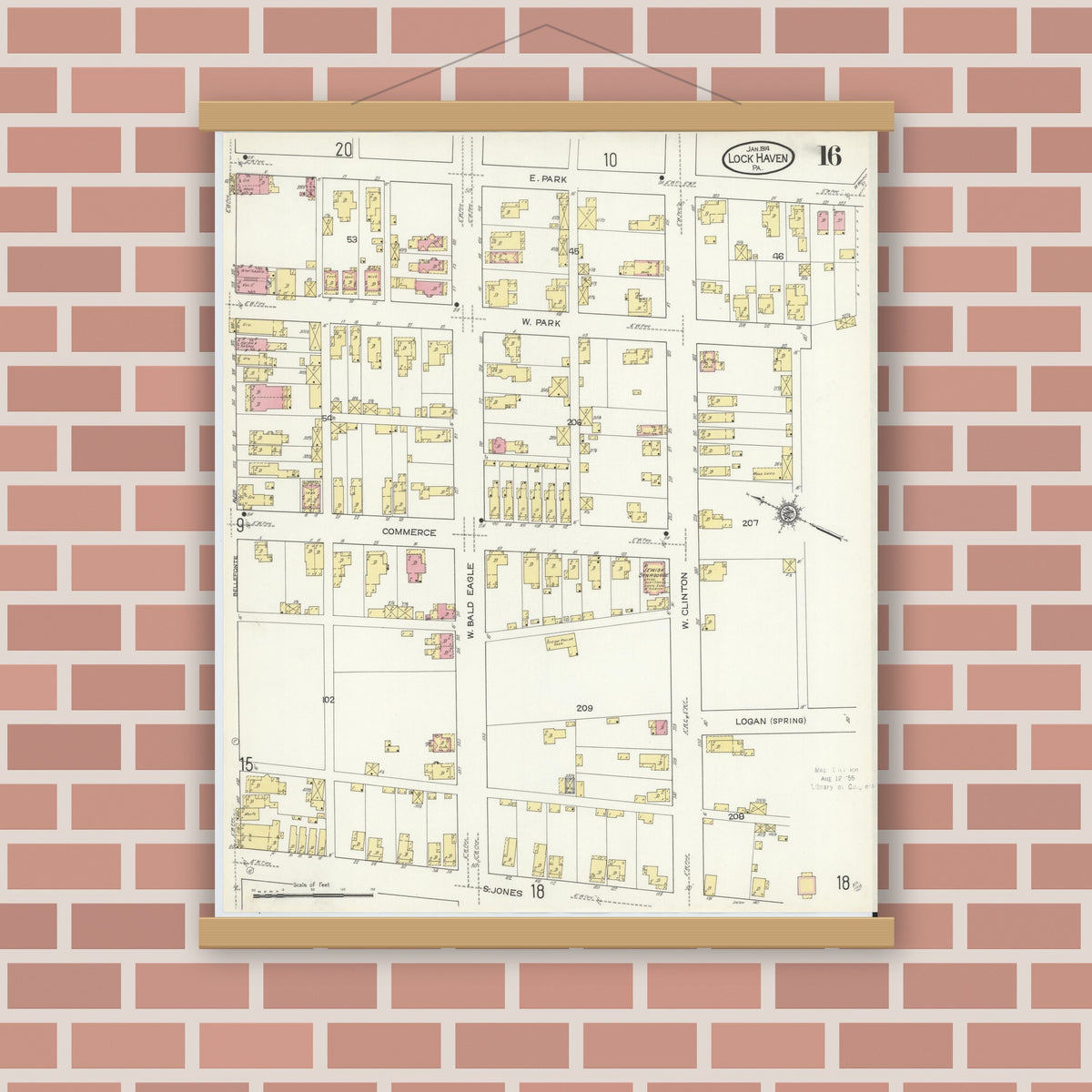 Old map wall art mockup — magnetic wood frame on brick wall — Sanborn Fire Insurance Map from Lock Haven, Clinton County, Pennsylvania (1914), Sheet #0016