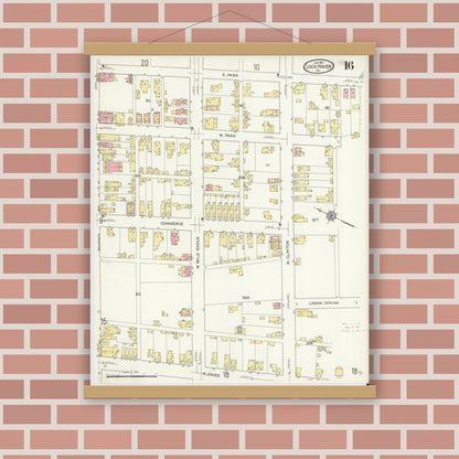 Old map wall art mockup — magnetic wood frame on brick wall — Sanborn Fire Insurance Map from Lock Haven, Clinton County, Pennsylvania (1914), Sheet #0016