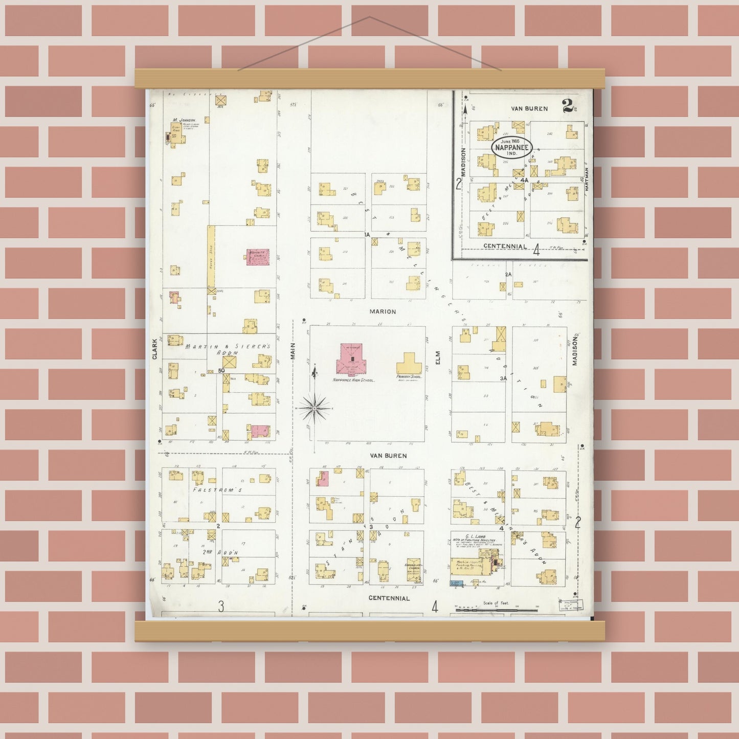 Old map wall art mockup — magnetic wood frame on brick wall — Sanborn Fire Insurance Map from Nappanee, Elkhart County, Indiana (1905), Sheet #0002