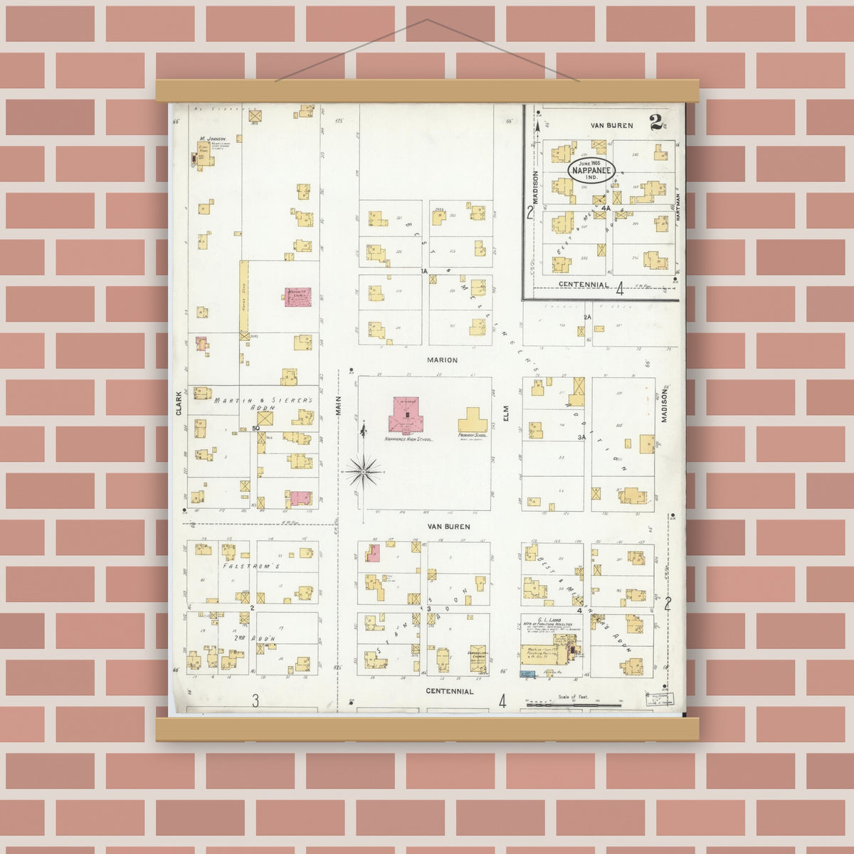 Old map wall art mockup — magnetic wood frame on brick wall — Sanborn Fire Insurance Map from Nappanee, Elkhart County, Indiana (1905), Sheet #0002