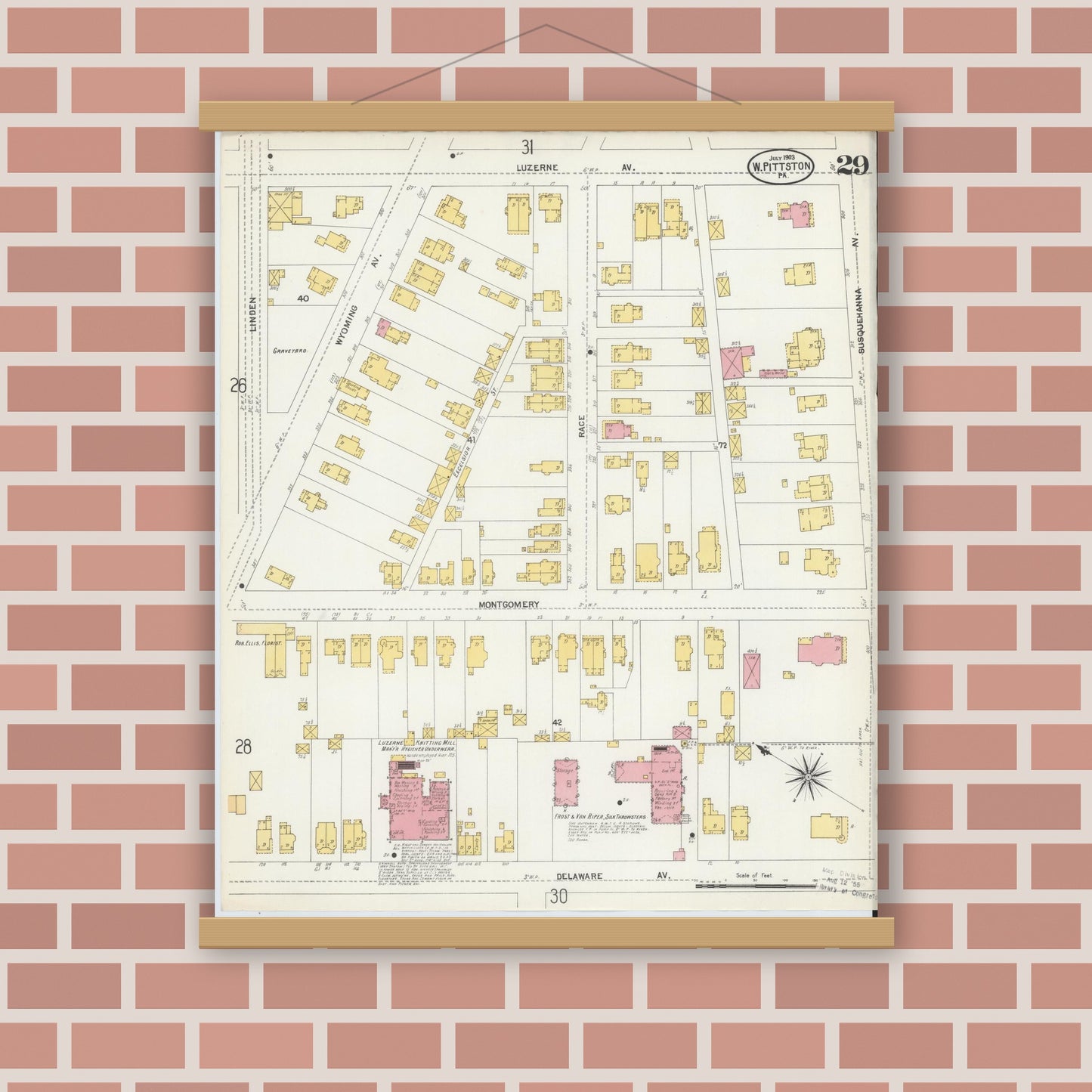 Old map wall art mockup — magnetic wood frame on brick wall — Sanborn Fire Insurance Map from Pittston, Luzerne County, Pennsylvania (1903), Sheet #0029