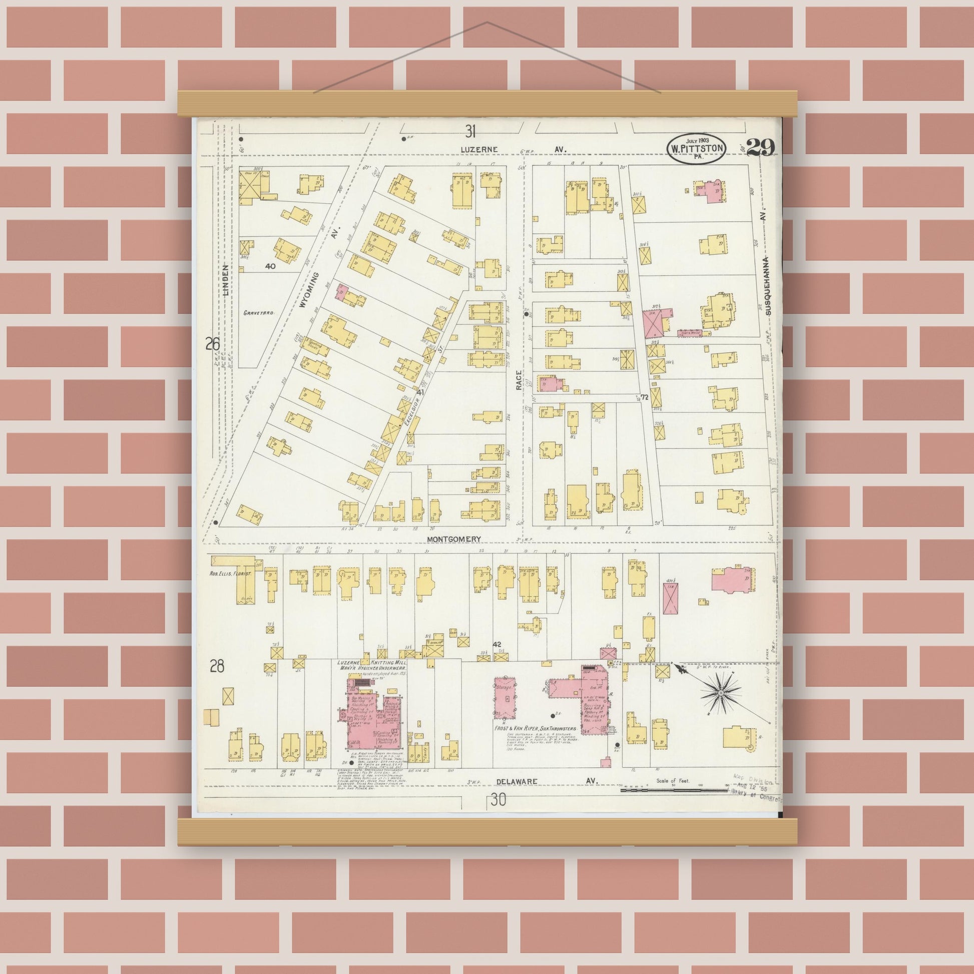 Old map wall art mockup — magnetic wood frame on brick wall — Sanborn Fire Insurance Map from Pittston, Luzerne County, Pennsylvania (1903), Sheet #0029