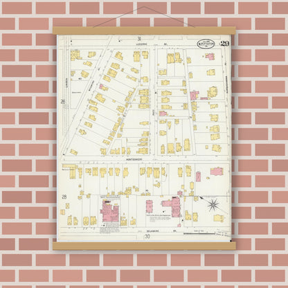 Old map wall art mockup — magnetic wood frame on brick wall — Sanborn Fire Insurance Map from Pittston, Luzerne County, Pennsylvania (1903), Sheet #0029