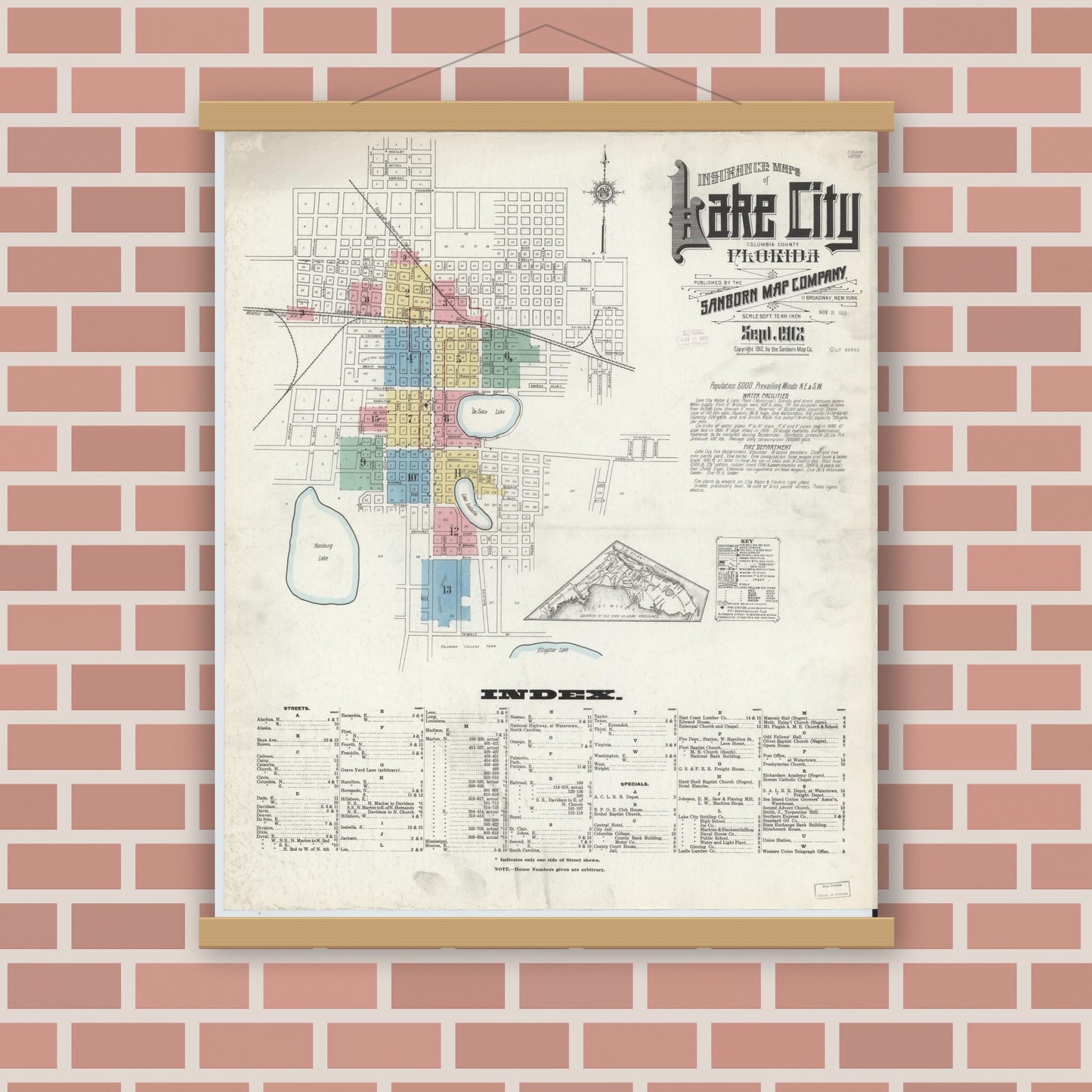 Old map wall art mockup — magnetic wood frame on brick wall — Sanborn Fire Insurance Map from Lake City, Columbia County, Florida (1912) - Complete Map Set