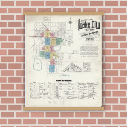 Old map wall art mockup — magnetic wood frame on brick wall — Sanborn Fire Insurance Map from Lake City, Columbia County, Florida (1912) - Complete Map Set