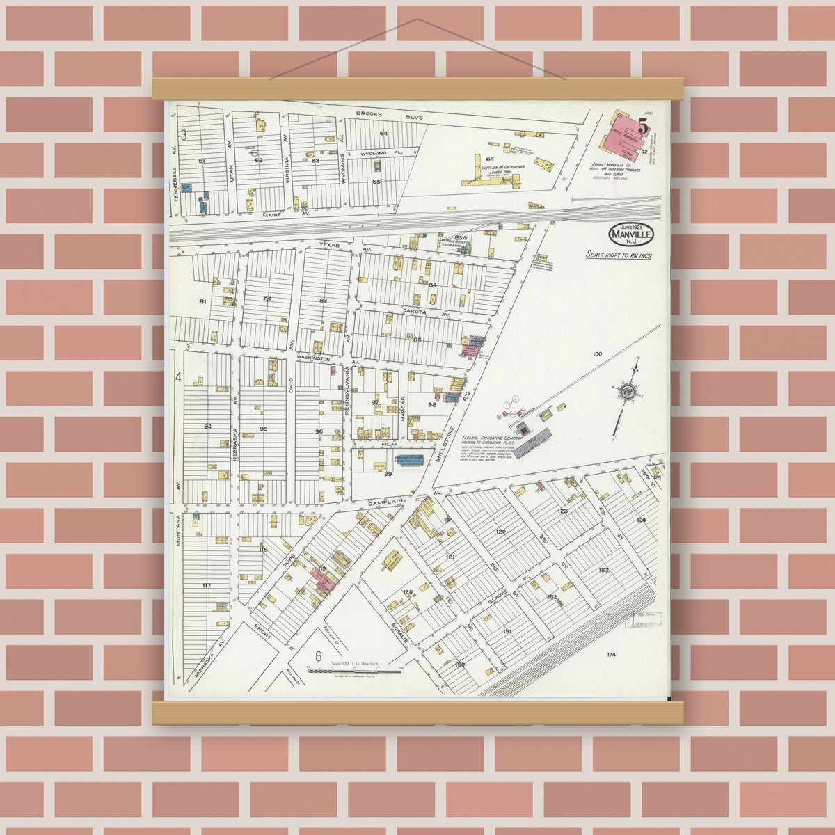 Old map wall art mockup — magnetic wood frame on brick wall — Sanborn Fire Insurance Map from Manville, Somerset County, New Jersey (1921), Sheet #0005