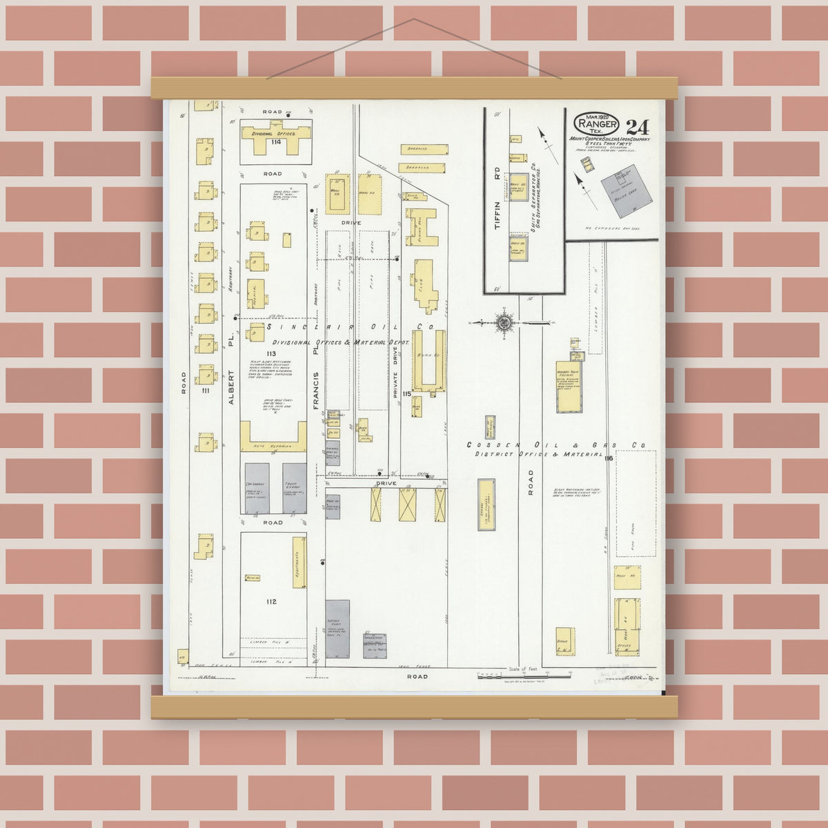 Old map wall art mockup — magnetic wood frame on brick wall — Sanborn Fire Insurance Map from Ranger, Eastland County, Texas (1920), Sheet #0024
