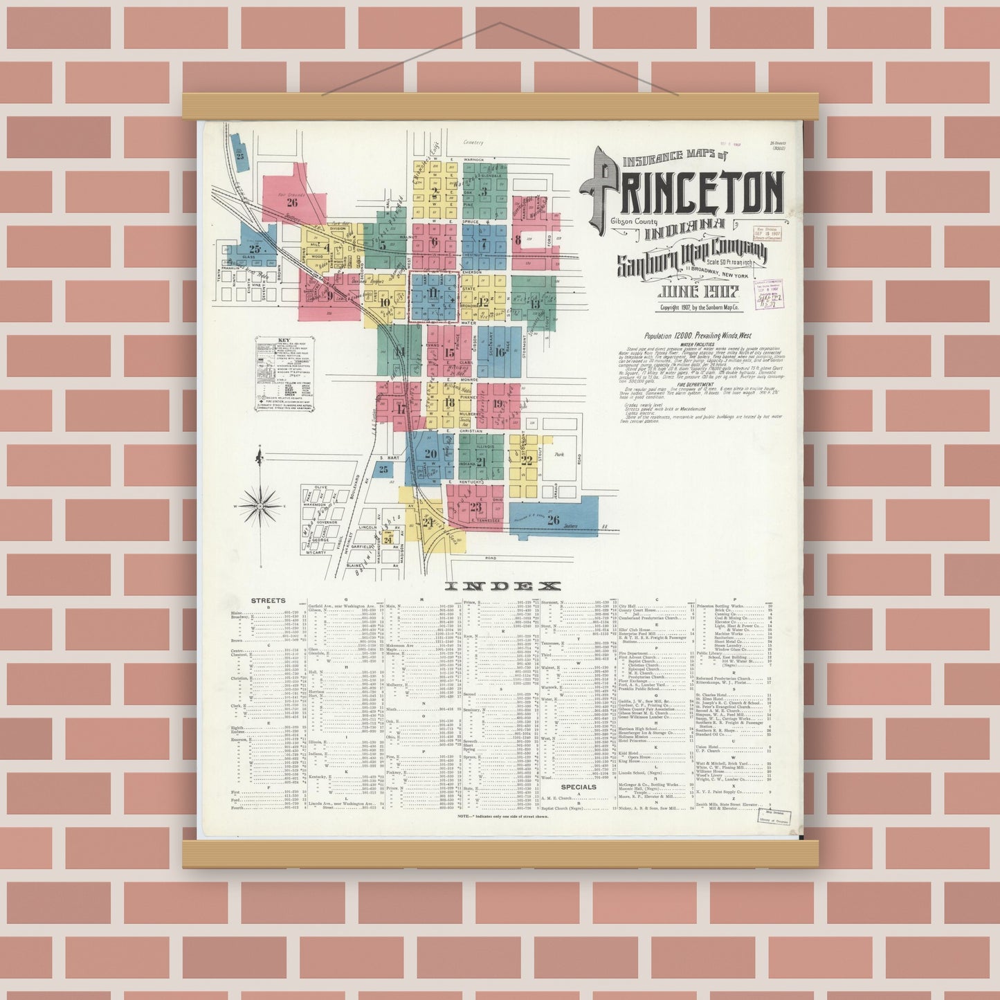 Old map wall art mockup — magnetic wood frame on brick wall — Sanborn Fire Insurance Map from Princeton, Gibson County, Indiana (1907) - Complete Map Set