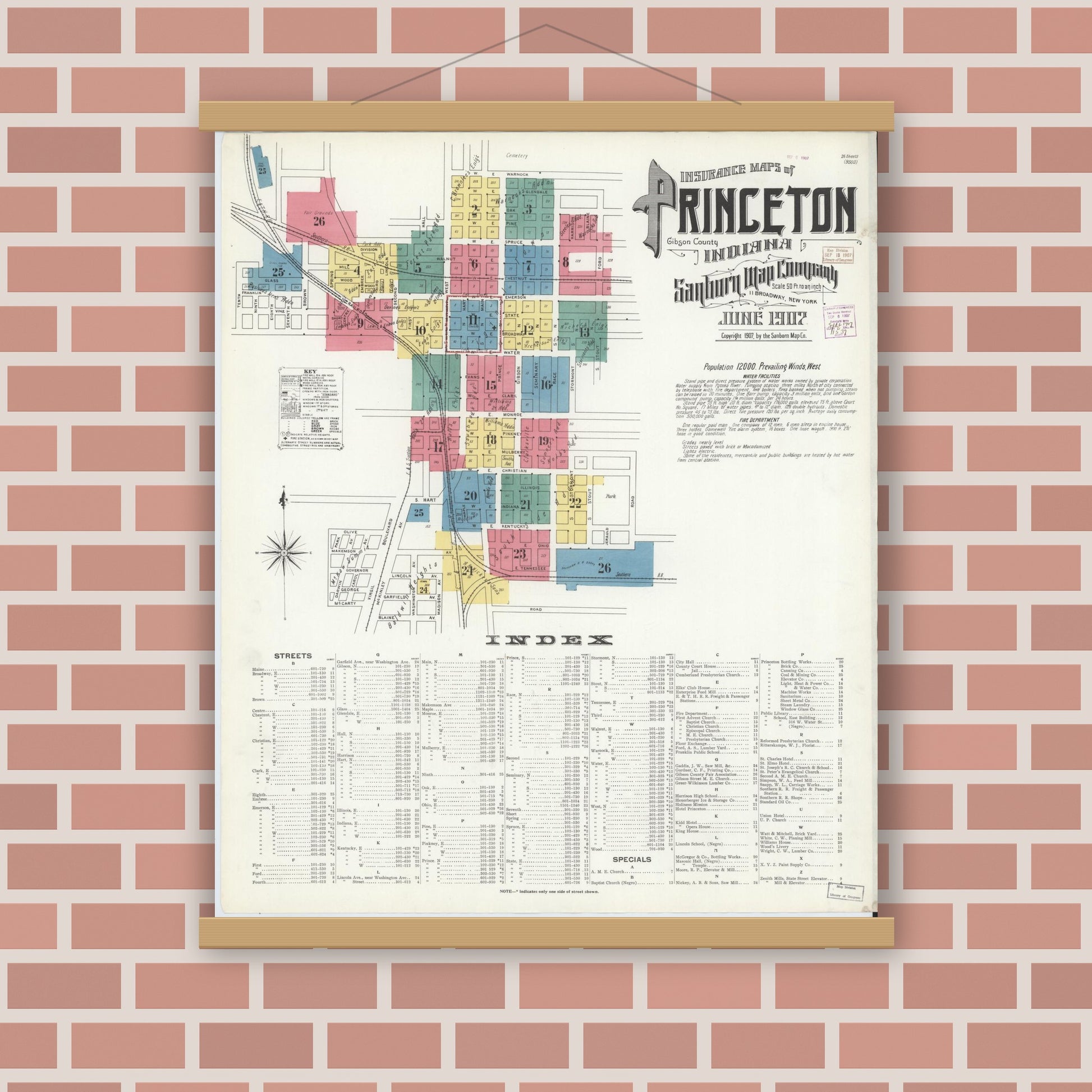 Old map wall art mockup — magnetic wood frame on brick wall — Sanborn Fire Insurance Map from Princeton, Gibson County, Indiana (1907) - Complete Map Set