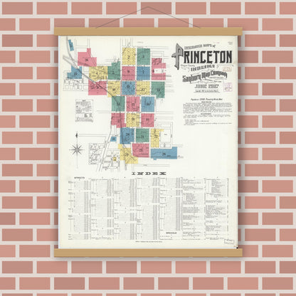 Old map wall art mockup — magnetic wood frame on brick wall — Sanborn Fire Insurance Map from Princeton, Gibson County, Indiana (1907) - Complete Map Set
