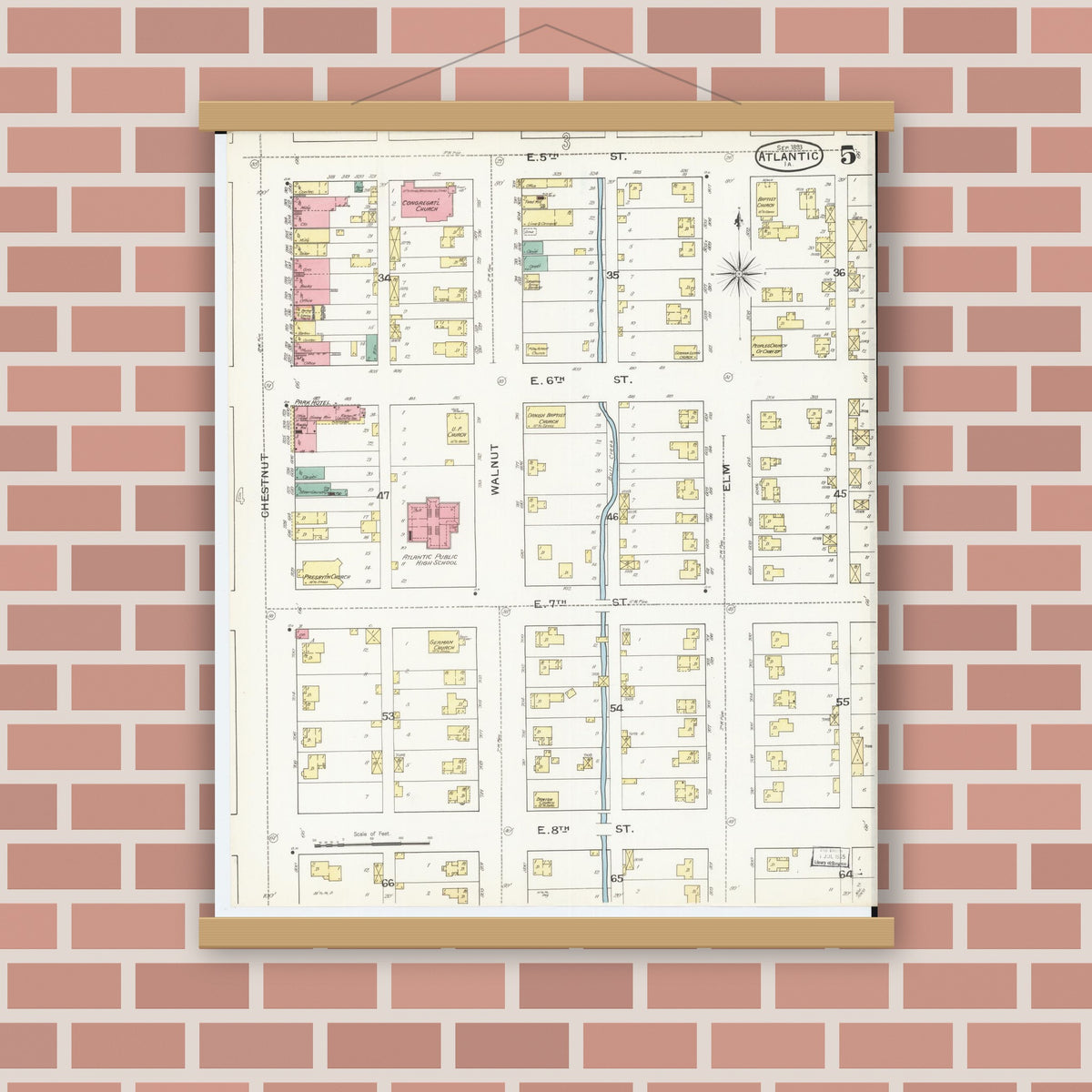 Old map wall art mockup — magnetic wood frame on brick wall — Sanborn Fire Insurance Map from Atlantic, Cass County, Iowa (1893), Sheet #0005