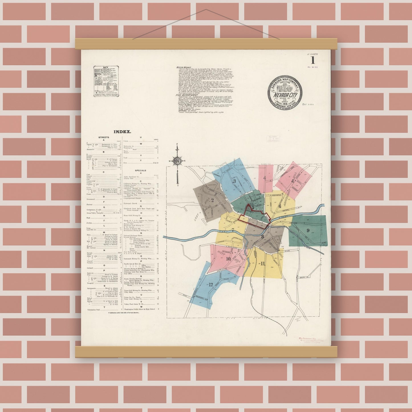 Old map wall art mockup — magnetic wood frame on brick wall — Sanborn Fire Insurance Map from Nevada City, Nevada County, California (1912) - Complete Map Set