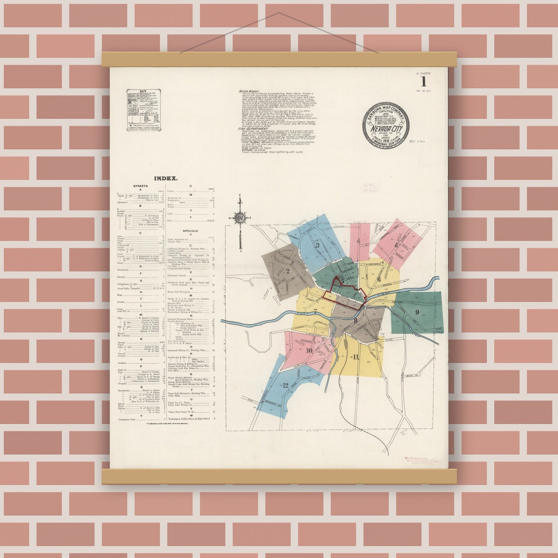 Old map wall art mockup — magnetic wood frame on brick wall — Sanborn Fire Insurance Map from Nevada City, Nevada County, California (1912) - Complete Map Set