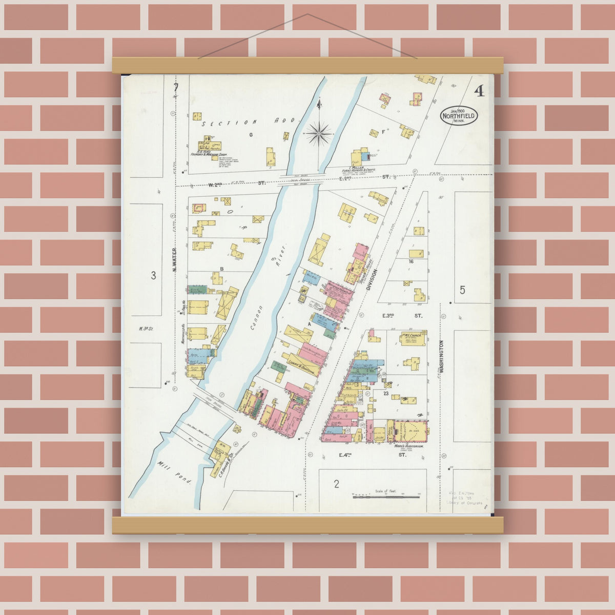 Old map wall art mockup — magnetic wood frame on brick wall — Sanborn Fire Insurance Map from Northfield, Rice County, Minnesota (1900), Sheet #0004