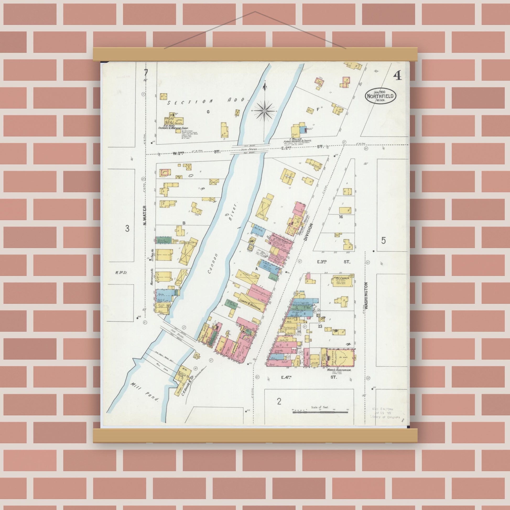 Old map wall art mockup — magnetic wood frame on brick wall — Sanborn Fire Insurance Map from Northfield, Rice County, Minnesota (1900), Sheet #0004