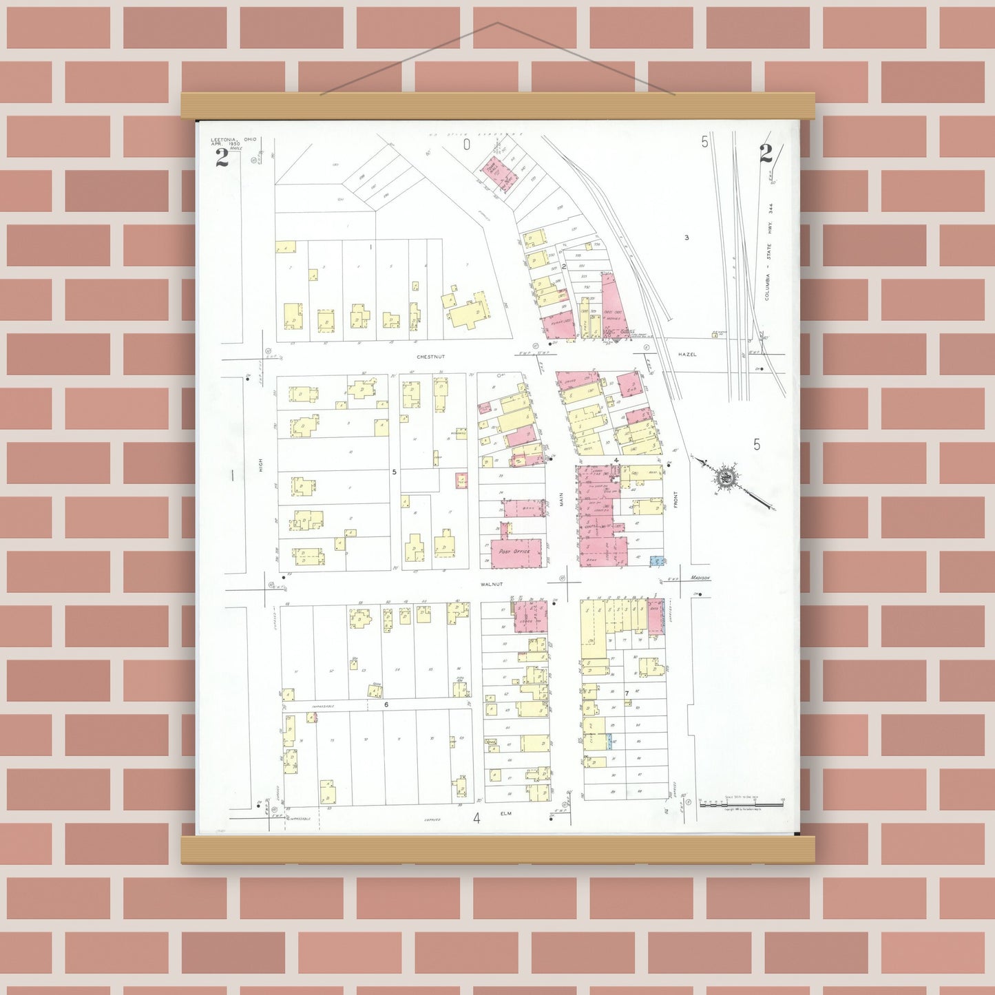 Old map wall art mockup — magnetic wood frame on brick wall — Sanborn Fire Insurance Map from Leetonia, Columbiana County, Ohio (1950), Sheet #0002