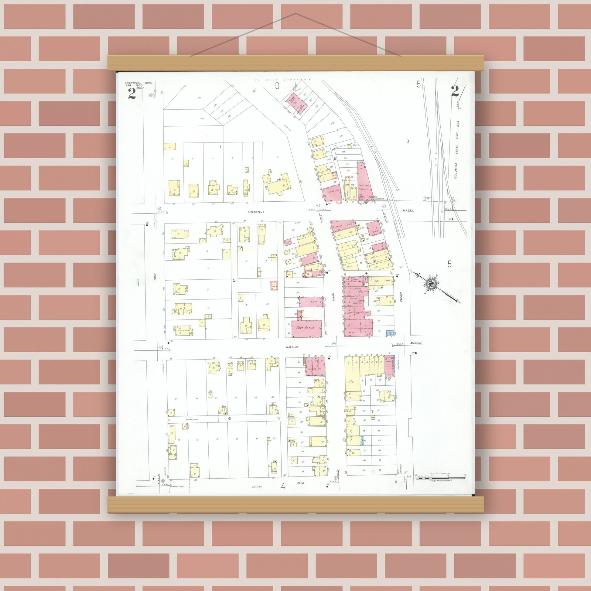 Old map wall art mockup — magnetic wood frame on brick wall — Sanborn Fire Insurance Map from Leetonia, Columbiana County, Ohio (1950), Sheet #0002