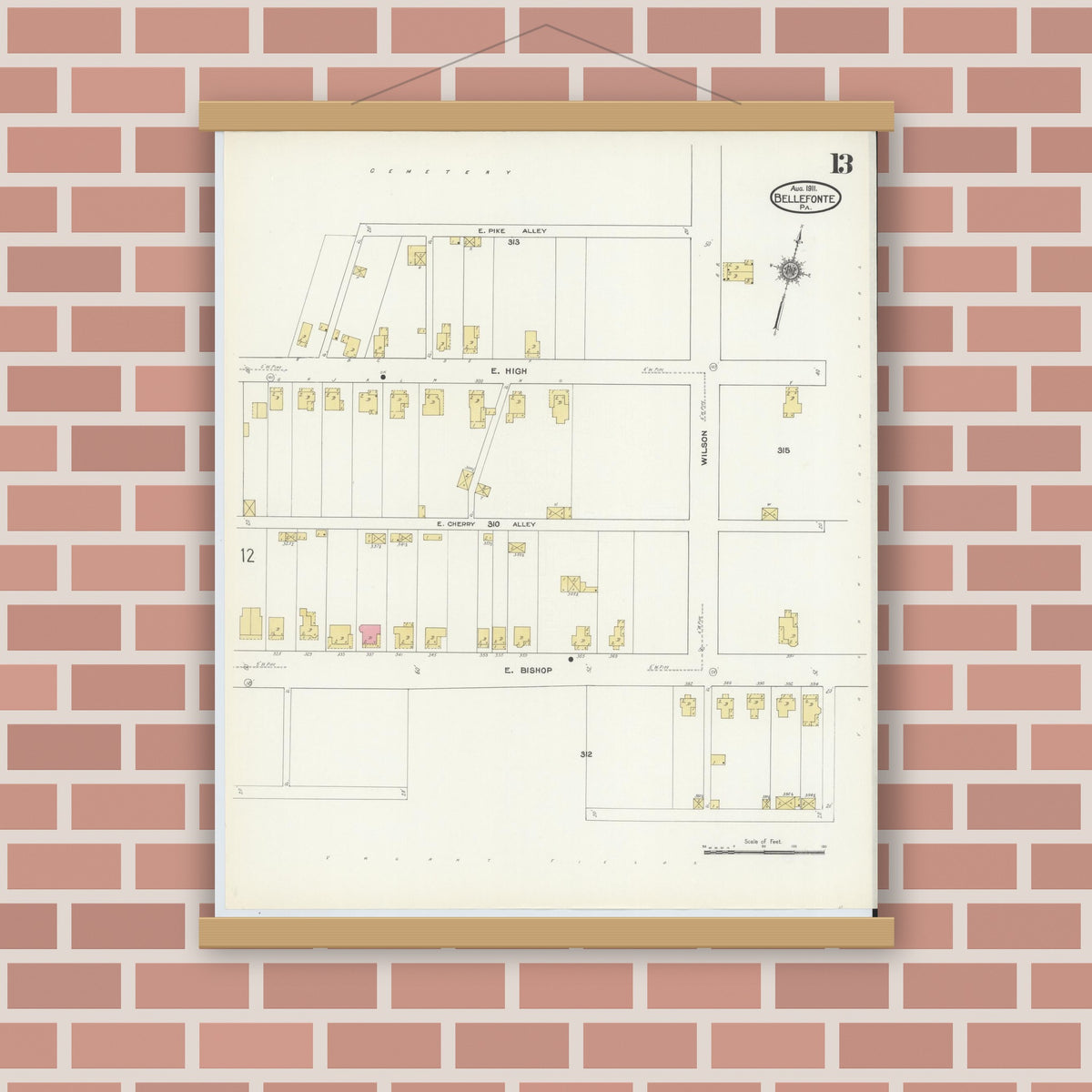 Old map wall art mockup — magnetic wood frame on brick wall — Sanborn Fire Insurance Map from Bellefonte, Centre County, Pennsylvania (1911), Sheet #0013
