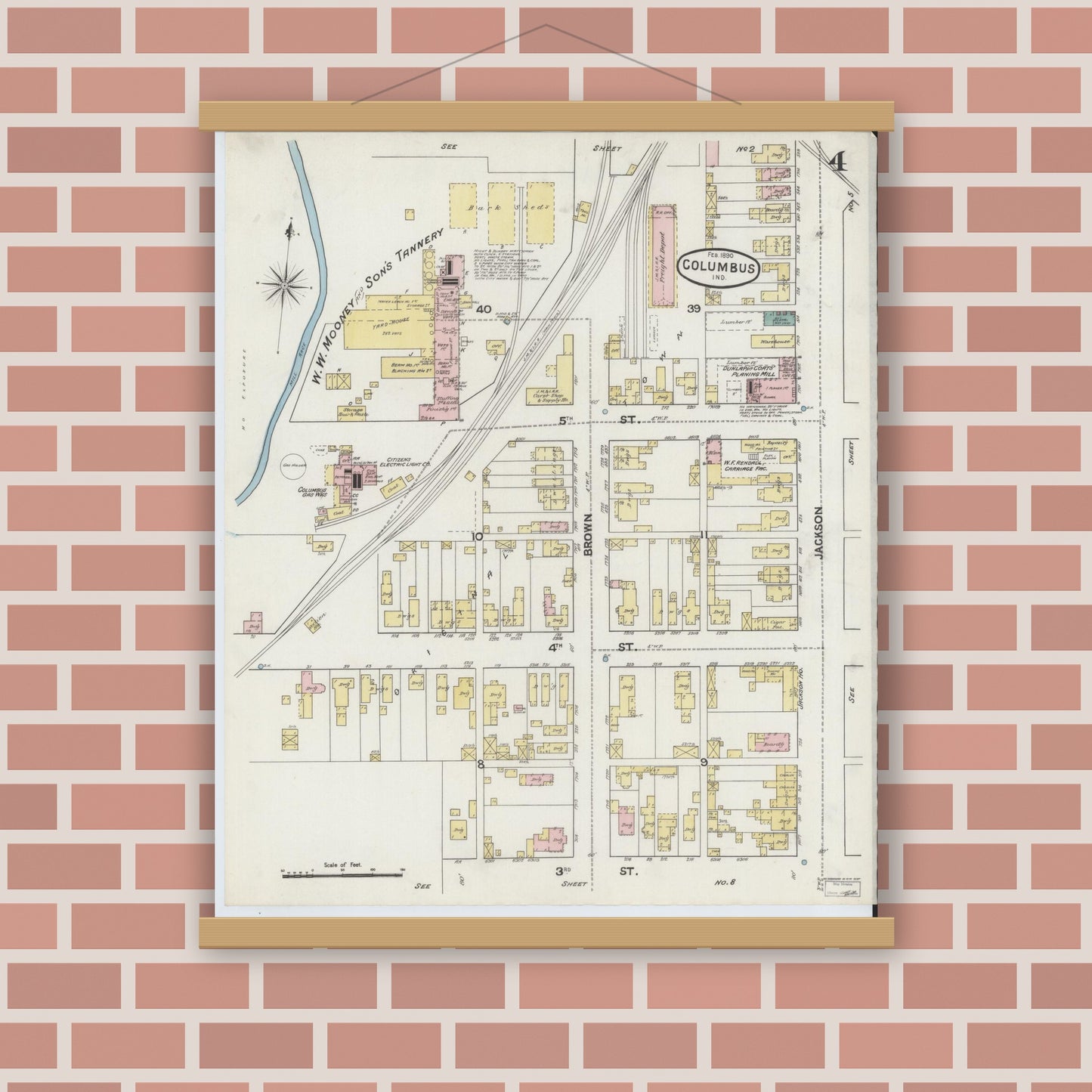 Old map wall art mockup — magnetic wood frame on brick wall — Sanborn Fire Insurance Map from Columbus, Bartholomew County, Indiana (1890), Sheet #0004