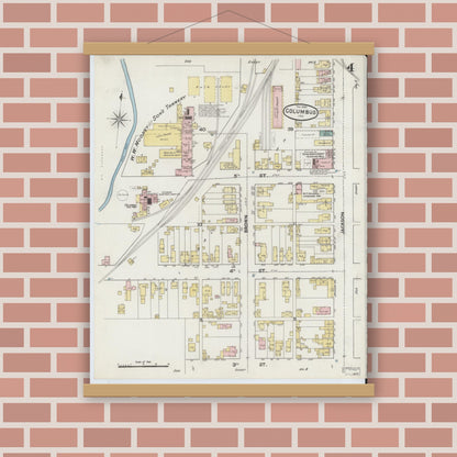 Old map wall art mockup — magnetic wood frame on brick wall — Sanborn Fire Insurance Map from Columbus, Bartholomew County, Indiana (1890), Sheet #0004