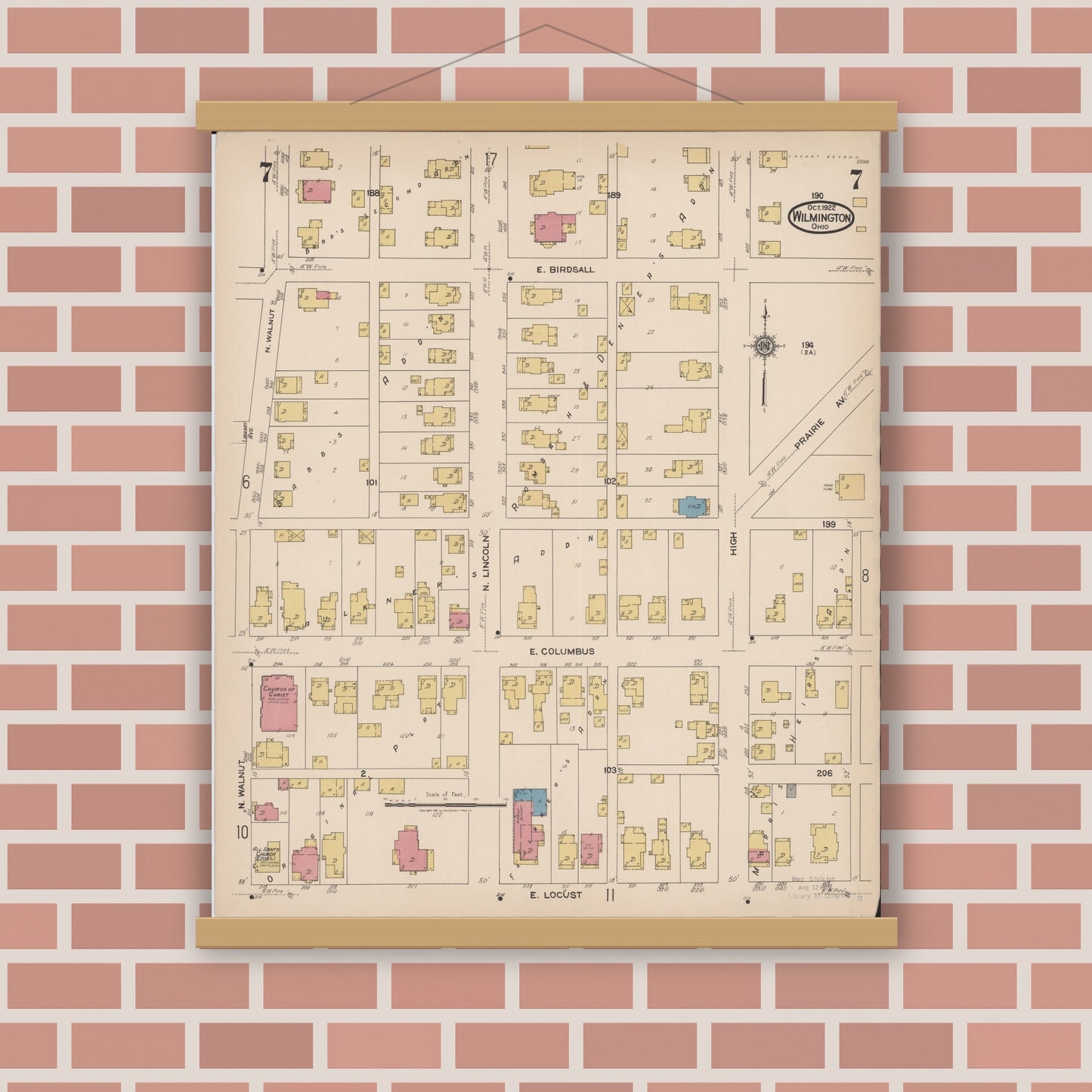 Old map wall art mockup — magnetic wood frame on brick wall — Sanborn Fire Insurance Map from Wilmington, Clinton County, Ohio (1922), Sheet #0007