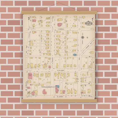 Old map wall art mockup — magnetic wood frame on brick wall — Sanborn Fire Insurance Map from Wilmington, Clinton County, Ohio (1922), Sheet #0007