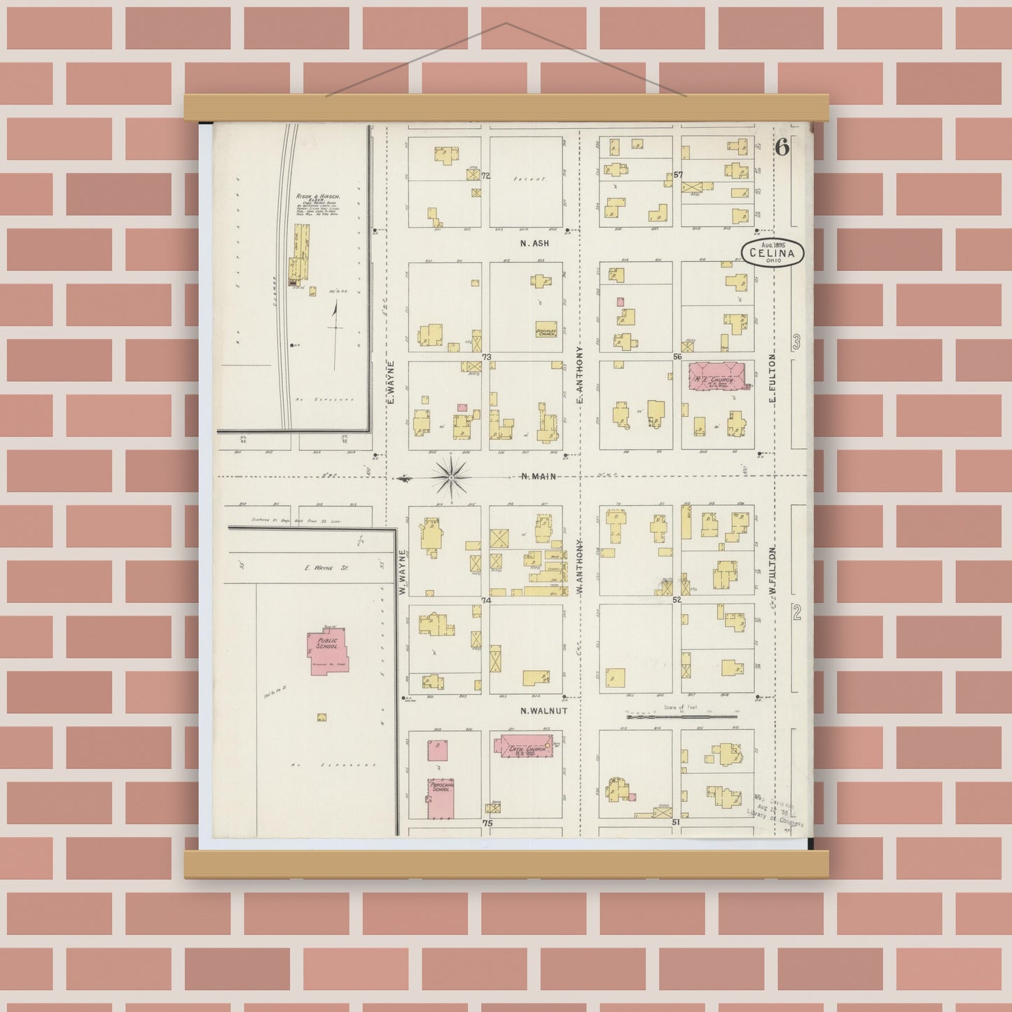 Old map wall art mockup — magnetic wood frame on brick wall — Sanborn Fire Insurance Map from Celina, Mercer County, Ohio (1895), Sheet #0006