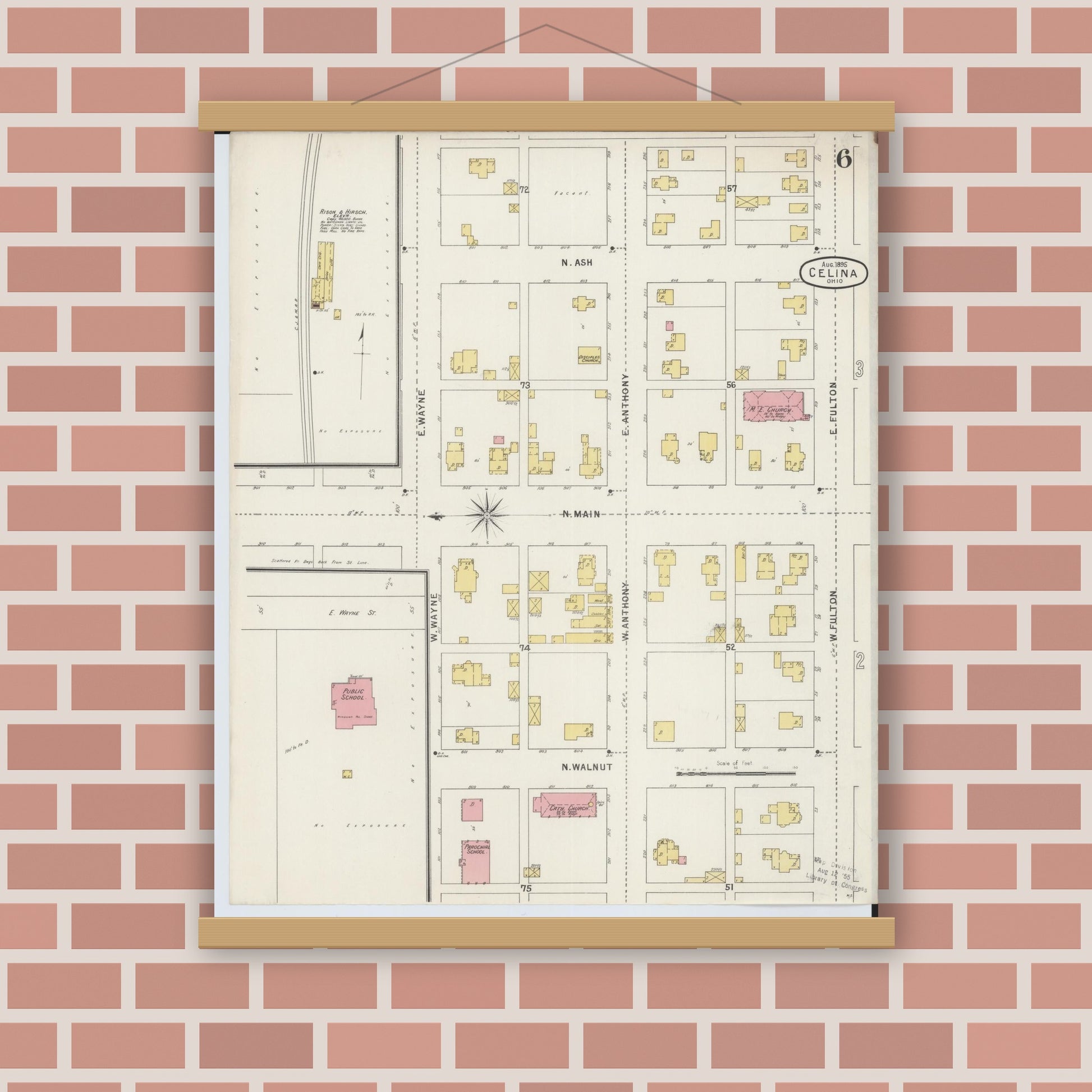 Old map wall art mockup — magnetic wood frame on brick wall — Sanborn Fire Insurance Map from Celina, Mercer County, Ohio (1895), Sheet #0006