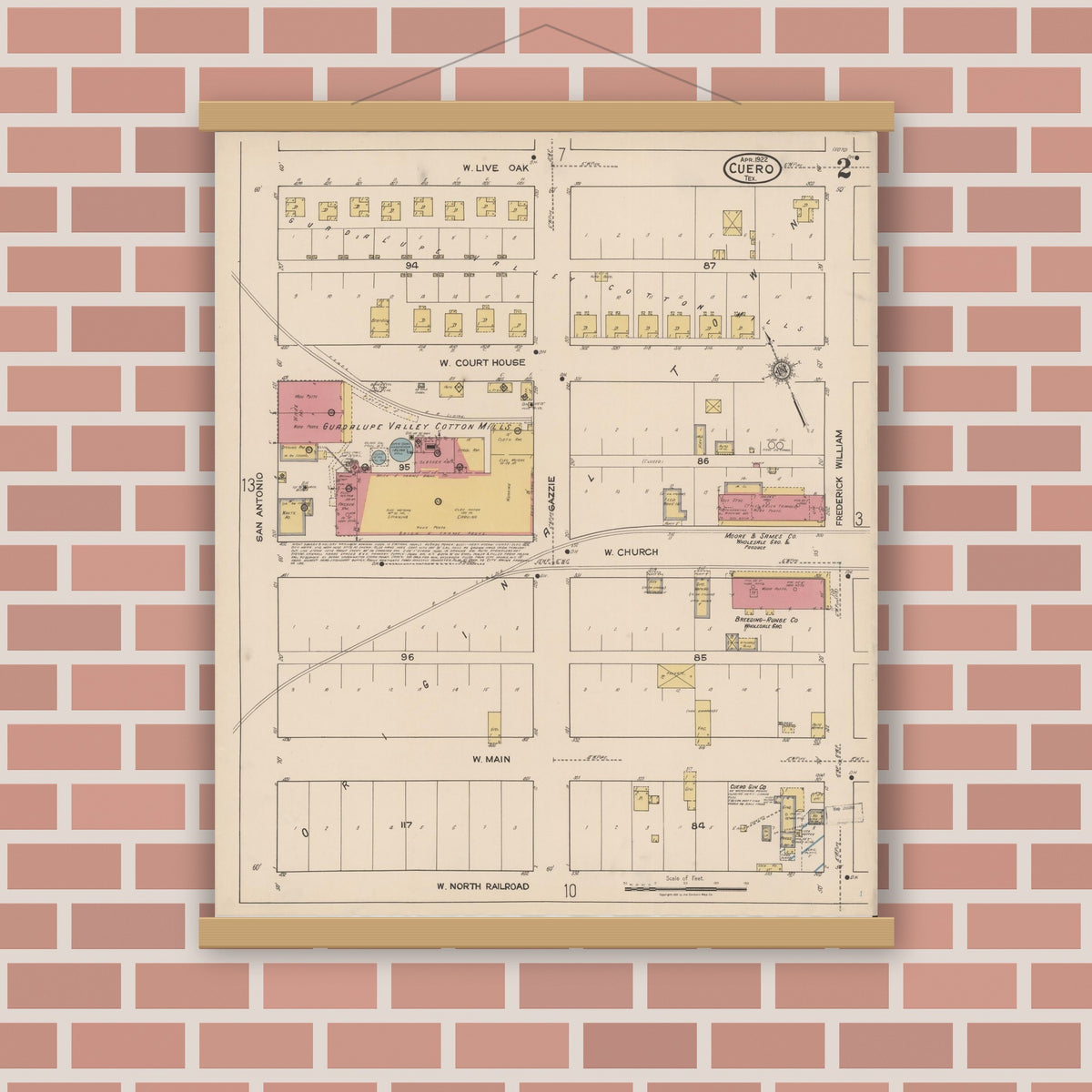 Old map wall art mockup — magnetic wood frame on brick wall — Sanborn Fire Insurance Map from Cuero, De Witt County, Texas (1922), Sheet #0002
