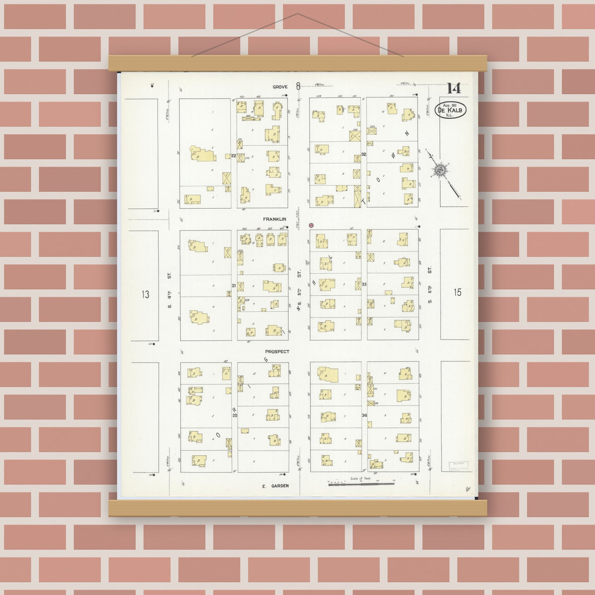 Old map wall art mockup — magnetic wood frame on brick wall — Sanborn Fire Insurance Map from De Kalb, De Kalb County, Illinois (1912), Sheet #0014