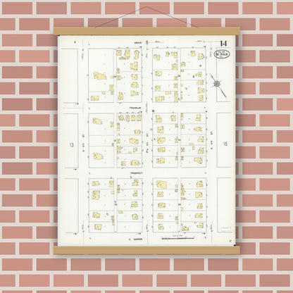 Old map wall art mockup — magnetic wood frame on brick wall — Sanborn Fire Insurance Map from De Kalb, De Kalb County, Illinois (1912), Sheet #0014