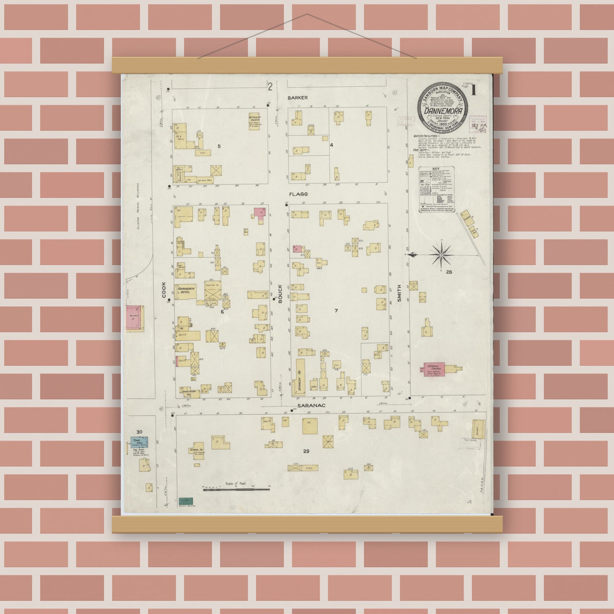 Old map wall art mockup — magnetic wood frame on brick wall — Sanborn Fire Insurance Map from Dannemora, Clinton County, New York (1909), Sheet #0001
