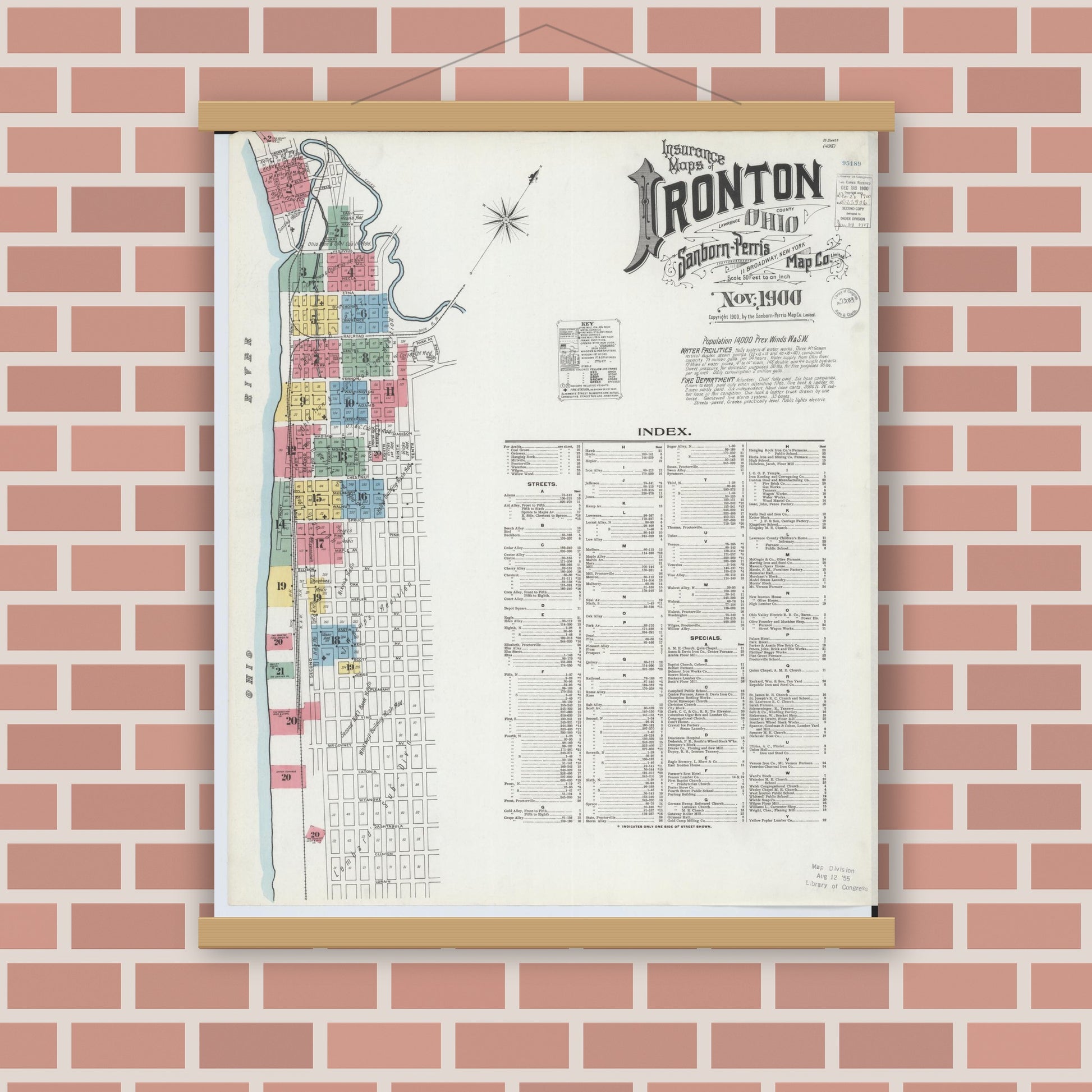 Old map wall art mockup — magnetic wood frame on brick wall — Sanborn Fire Insurance Map from Ironton, Lawrence County, Ohio (1900), Sheet #0001