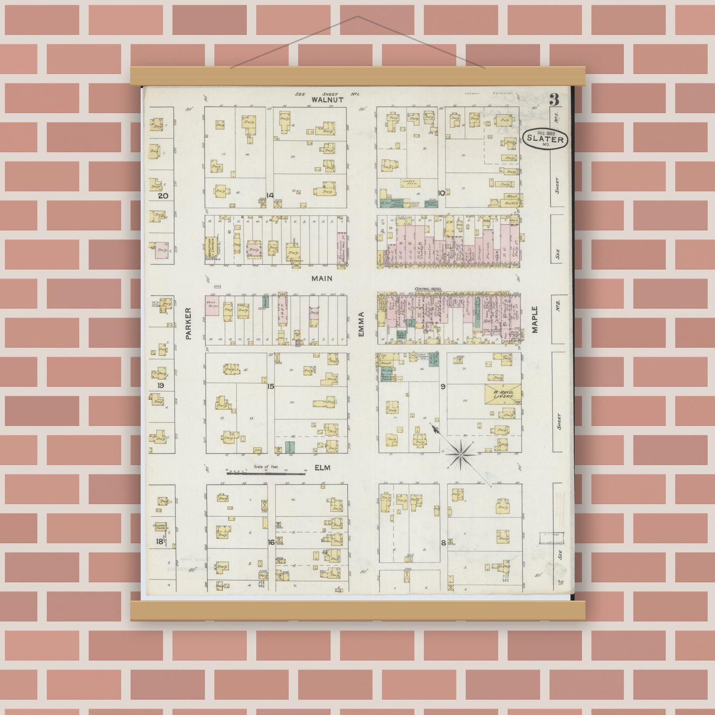 Old map wall art mockup — magnetic wood frame on brick wall — Sanborn Fire Insurance Map from Slater, Saline County, Missouri (1890), Sheet #0003