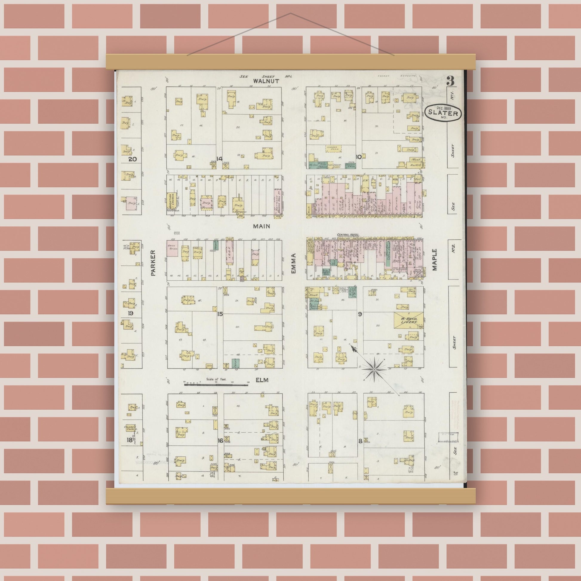 Old map wall art mockup — magnetic wood frame on brick wall — Sanborn Fire Insurance Map from Slater, Saline County, Missouri (1890), Sheet #0003