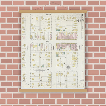 Old map wall art mockup — magnetic wood frame on brick wall — Sanborn Fire Insurance Map from Slater, Saline County, Missouri (1890), Sheet #0003