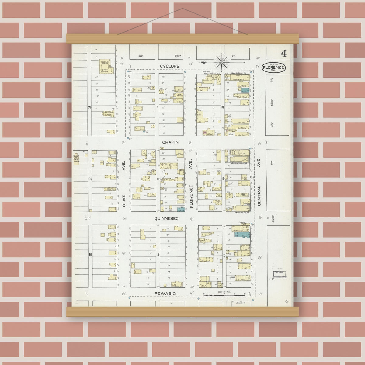 Old map wall art mockup — magnetic wood frame on brick wall — Sanborn Fire Insurance Map from Florence, Florence County, Wisconsin (1891), Sheet #0004
