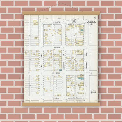 Old map wall art mockup — magnetic wood frame on brick wall — Sanborn Fire Insurance Map from Florence, Florence County, Wisconsin (1891), Sheet #0004