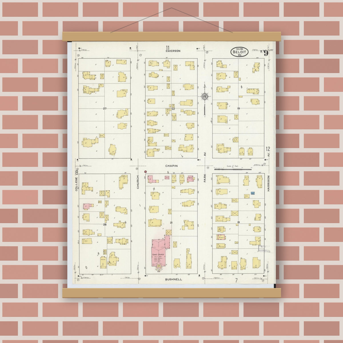 Old map wall art mockup — magnetic wood frame on brick wall — Sanborn Fire Insurance Map from Beloit, Rock County, Wisconsin (1915), Sheet #0009