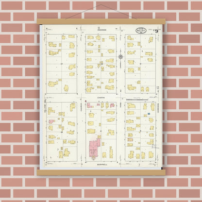 Old map wall art mockup — magnetic wood frame on brick wall — Sanborn Fire Insurance Map from Beloit, Rock County, Wisconsin (1915), Sheet #0009