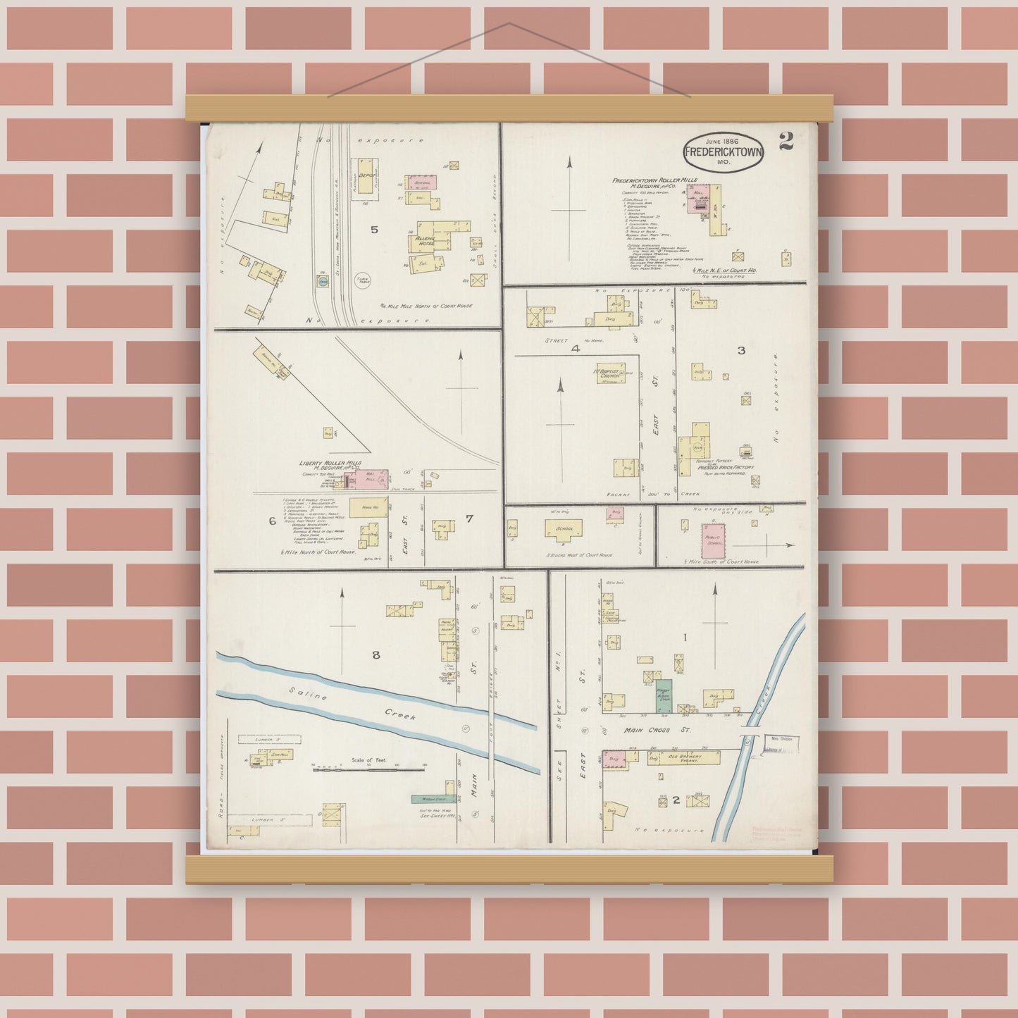 Old map wall art mockup — magnetic wood frame on brick wall — Sanborn Fire Insurance Map from Fredericktown, Madison County, Missouri (1886), Sheet #0002