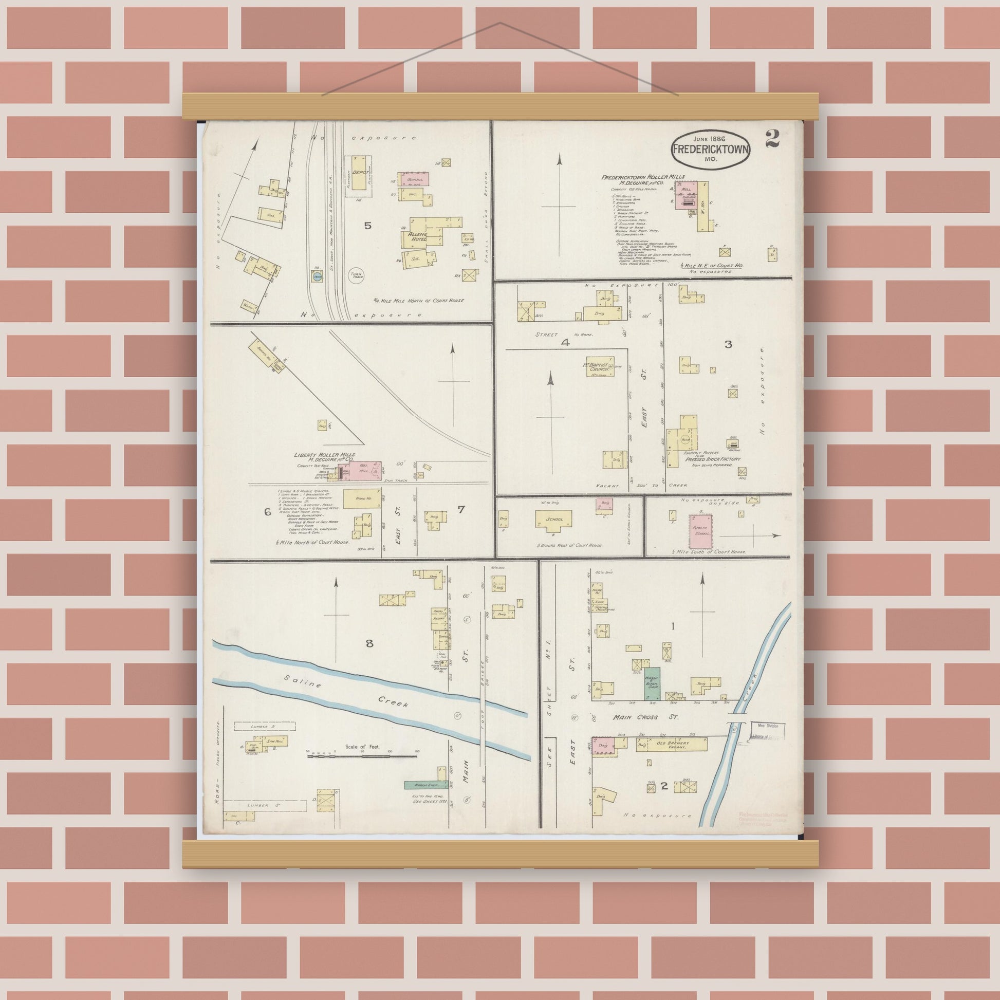 Old map wall art mockup — magnetic wood frame on brick wall — Sanborn Fire Insurance Map from Fredericktown, Madison County, Missouri (1886), Sheet #0002